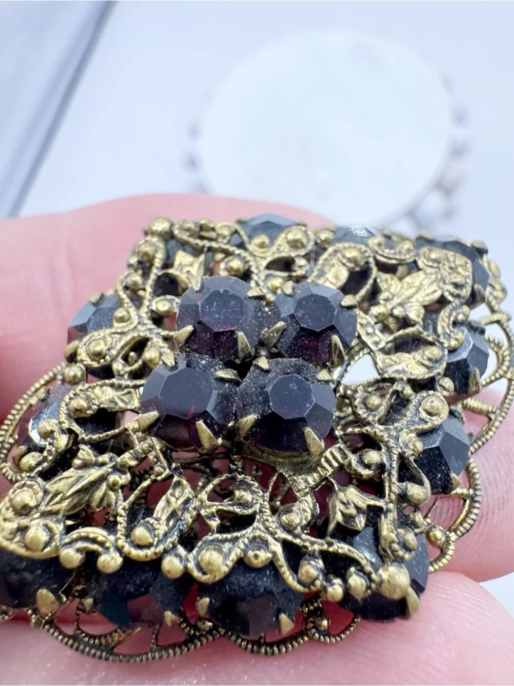 Antiqued gold tone filigree Czech style glass brooch pin